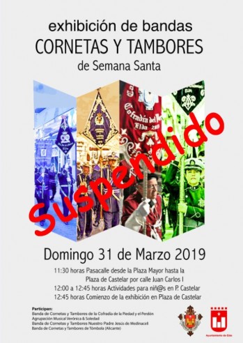 La lluvia obliga a suspender la Exhibici&oacute;n de Bandas de Cornetas y Tambores de Semana Santa y el desfile fallero