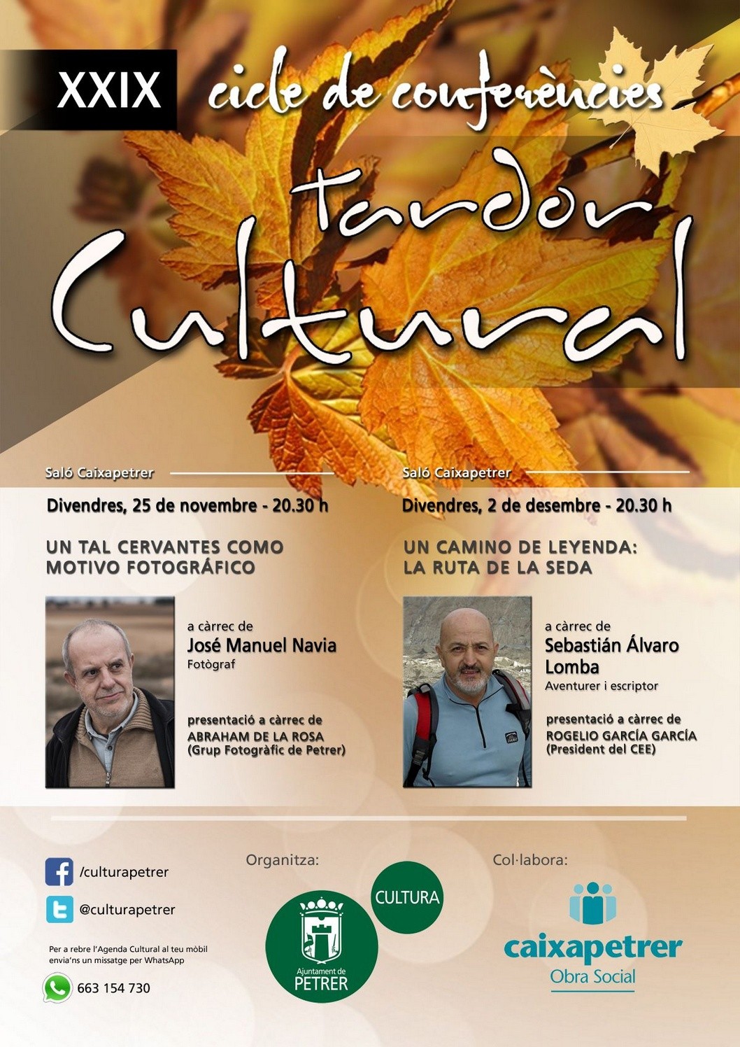 Dos periodistas, un presentador y la presidenta de Avecal participarán en la 29º edición del "Otoño Cultural" de Petrer Dos periodistas, un presentador y la presidenta de Avecal participarán en la 29º edición del "Otoño Cultural" de Petrer