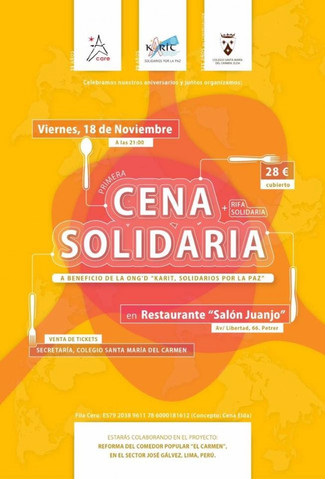 Cena benéfica a favor de la ONG Karit con una gran rifa Cena benéfica a favor de la ONG Karit con una gran rifa