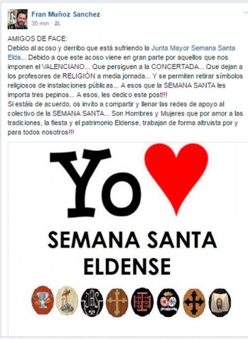 Fran Mu&ntilde;oz inicia una campa&ntilde;a en redes sociales a favor de la Semana Santa eldense